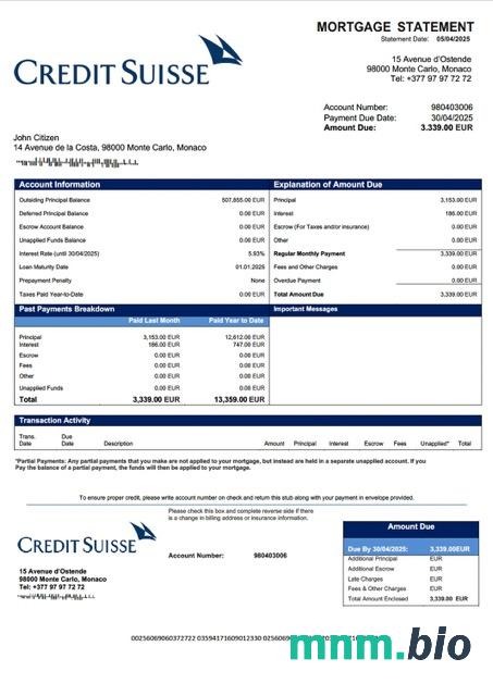Monako Credit Suisse (Monaco) wyciąg z kredytu hipotecznego szablon Word i PDF